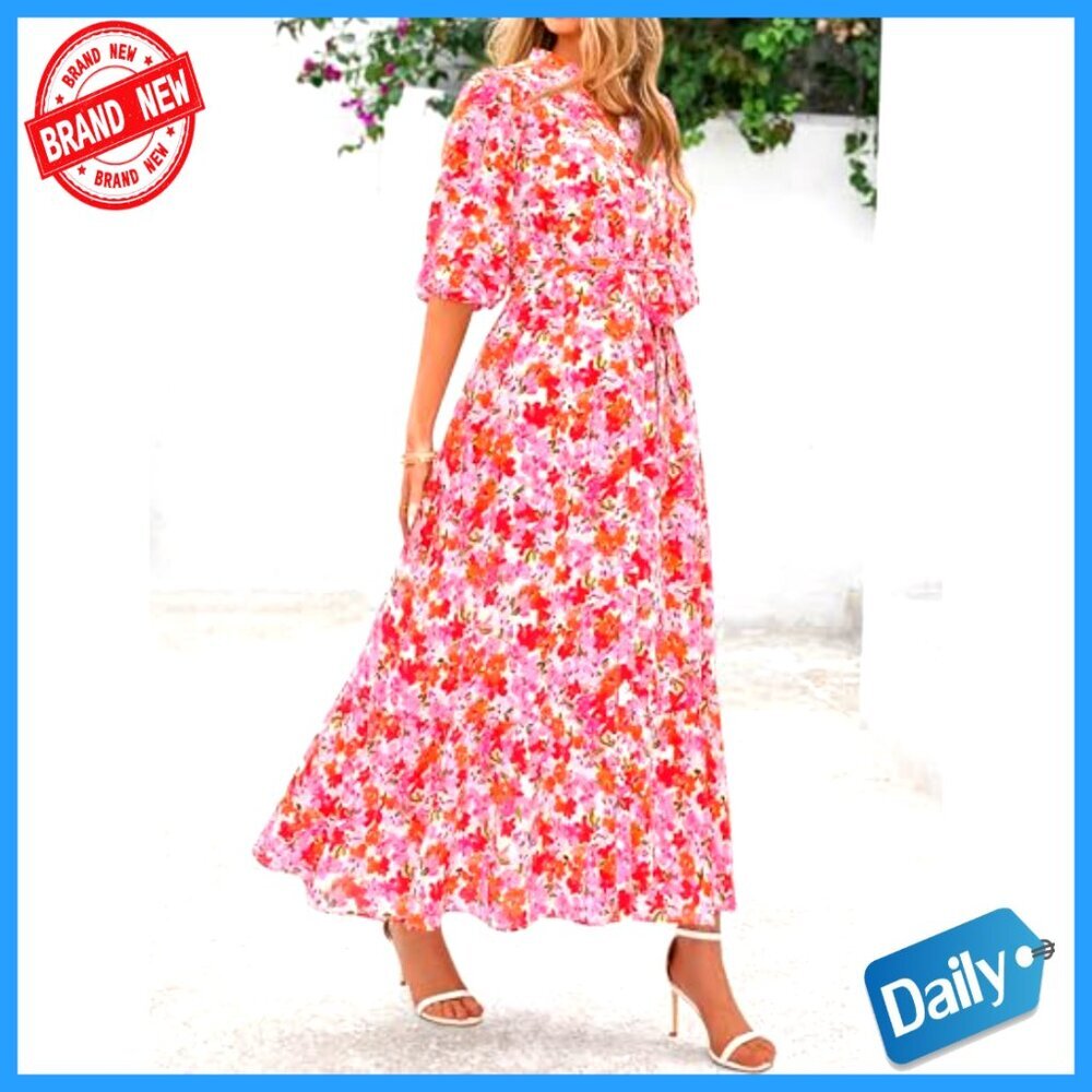 Floral Boho Maxi Dress with V-Neck and Puff Sleeves, Button Front, Tiered Skirt - Picture 3 of 7